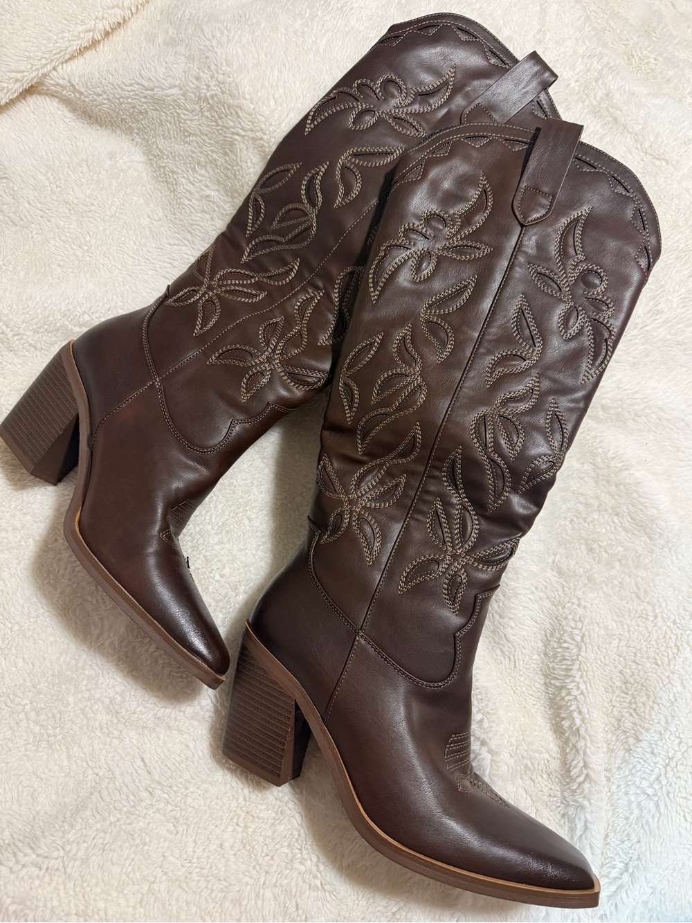 Embroidered Brown Western Knee Boots with Block Heel